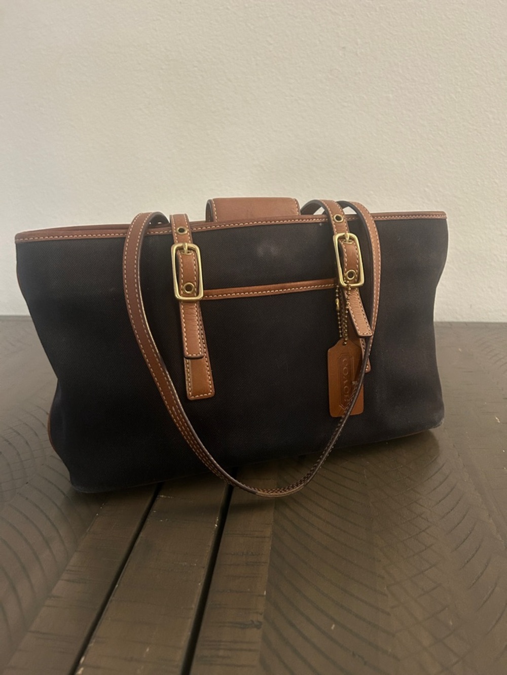 Coach Navy Canvas Tote with Brown Leather Accents No. L23-9869